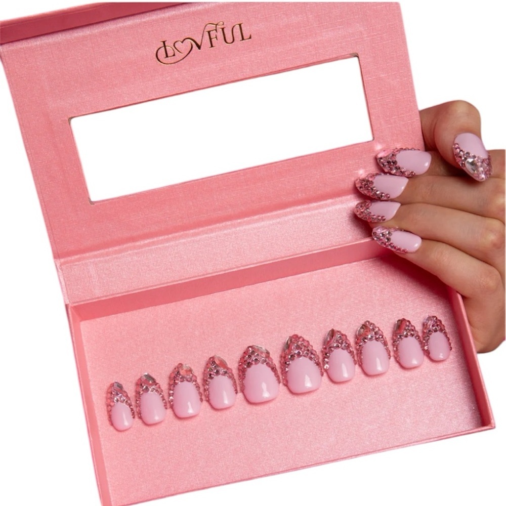 Lovful PINK FRENCH TIP RHINESTONE HANDMADE ACRYLIC NAILS- Almond Medium Width